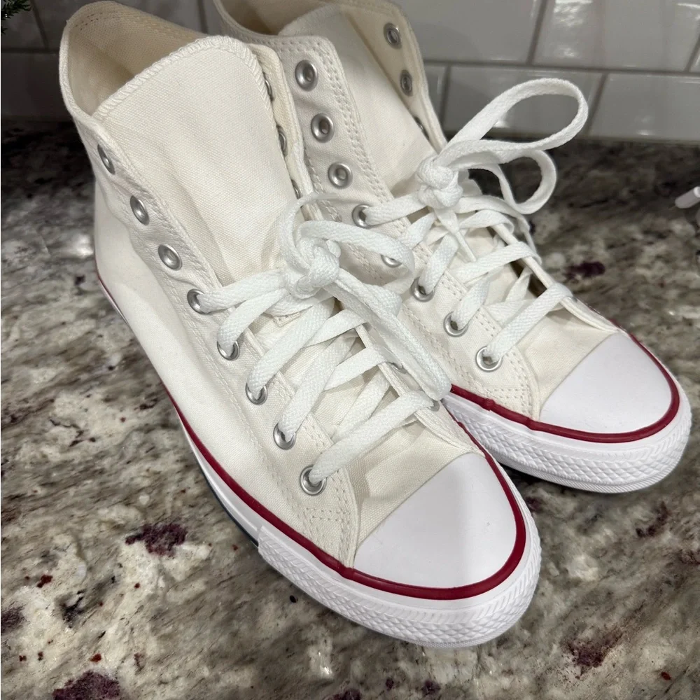 Converse White High-Tops with Red Trim - Picture 2 of 7